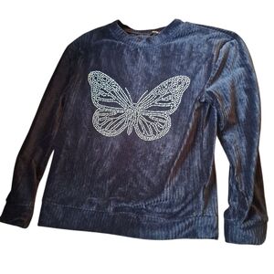 Girls Butterfly Black Ribbed Pull-over Sweatshirt - L